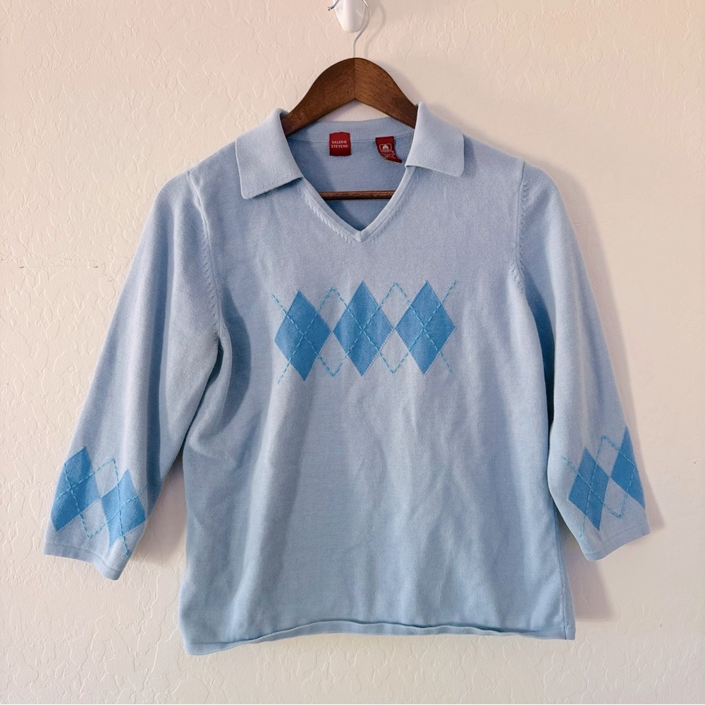 Vintage Valerie Stevens V-Neck Collared‎ Sweater Top in Light Blue Argyle Medium